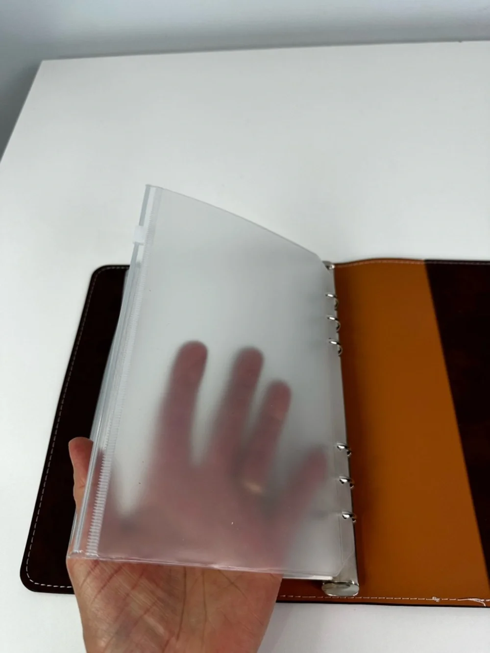 A5 Six Ring Soft Brown Coffee Colored Snap Closure Binder With Clear Pouches
